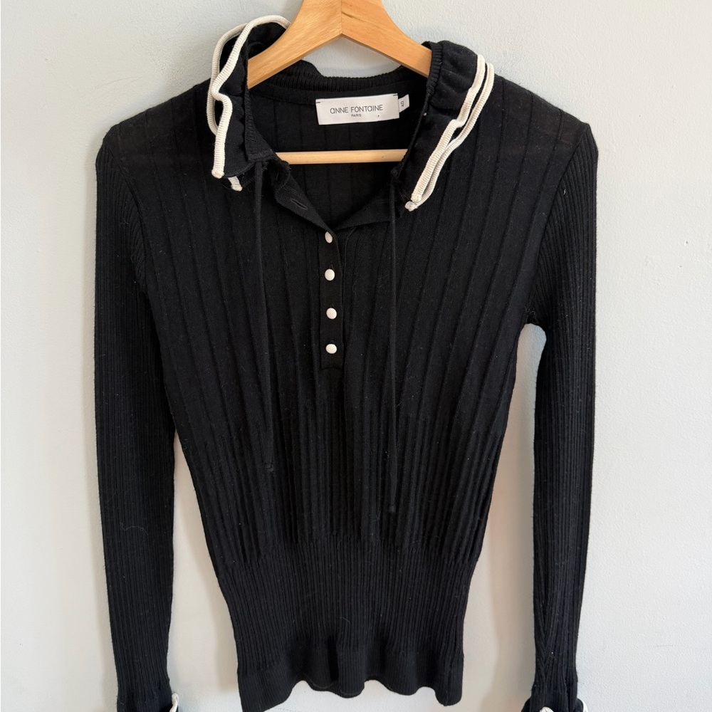 Anne Fontaine Ruffled Knit Top Black White 100% Wool Knit Sweater Size 40